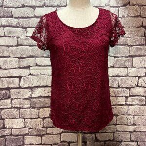 Lynn Ryan Burgundy Short Sleeve Lace Blouse Size L